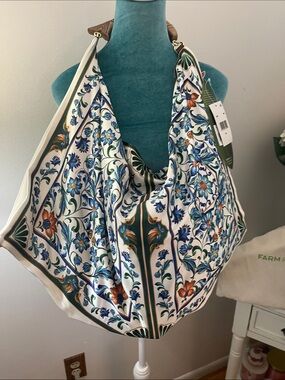 FARM Rio White Floral Scarf-Print Hobo Bag with Blue and Green Accents